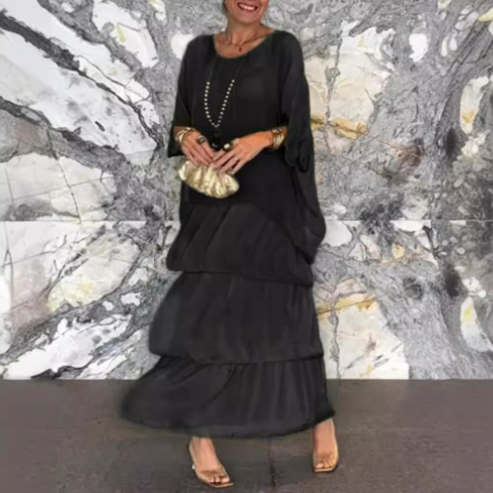 Damen nan bodenlanges Stufenkleid mit weiten Fledermausärmeln und lockerer Silhouette Drune