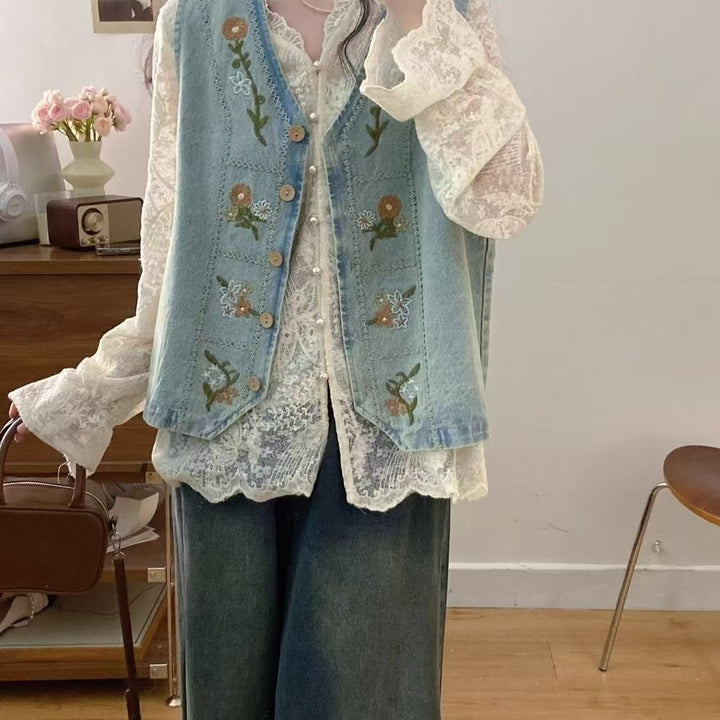 Damen Denim-Weste mit floralem Stickdesign Drune
