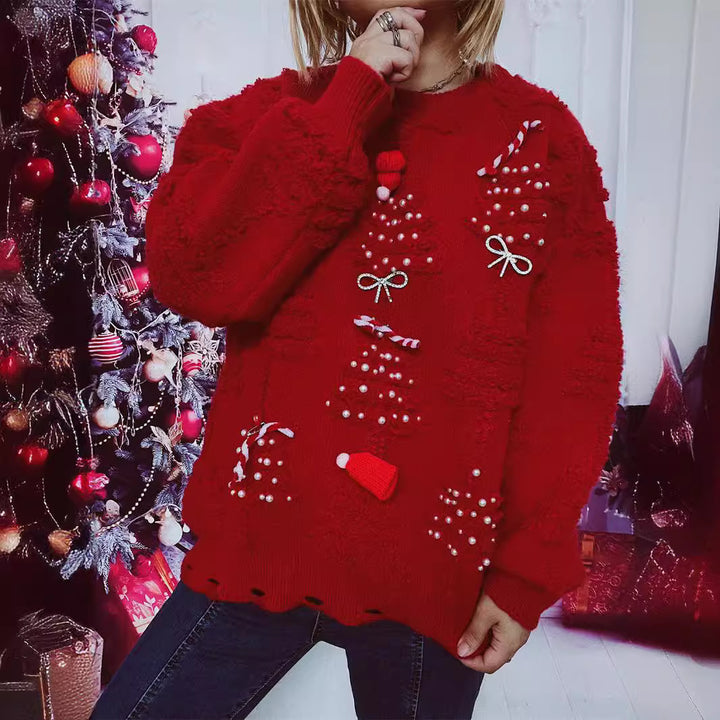 Damen Weihnachts-Pullover mit festlichem Motiv und 3D-Applikationen Drune