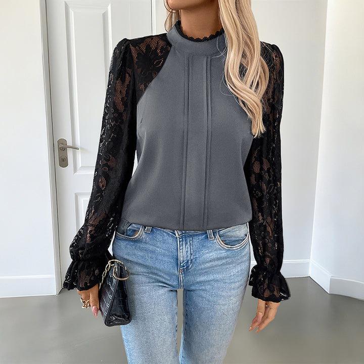 Damen elegante Bluse mit Spitzenärmeln und steigendem Kragen Drune