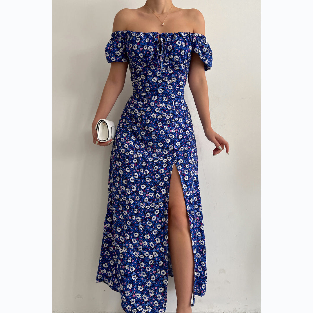 Damen Off-Shoulder Maxikleid mit floralem Design und elegantem Schlitz Drune