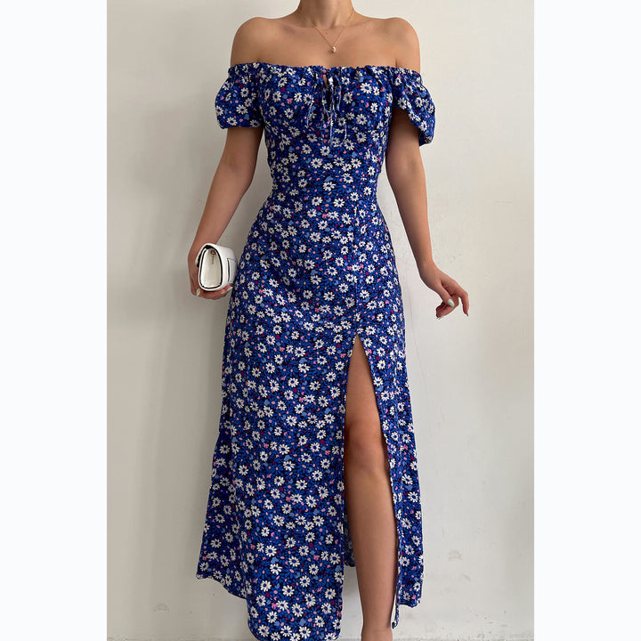 Damen Off-Shoulder Maxikleid mit floralem Design und elegantem Schlitz Drune