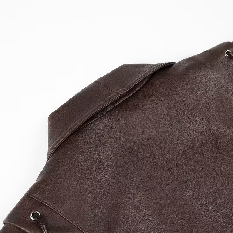 Damen elegante Kunstlederjacke mit taillierbarem Gürtel und dekorativen Schnürdetails Drune