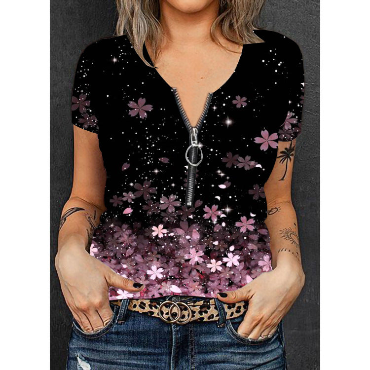 Damen Modisches T-Shirt mit Reißverschluss und floralem Design Drune