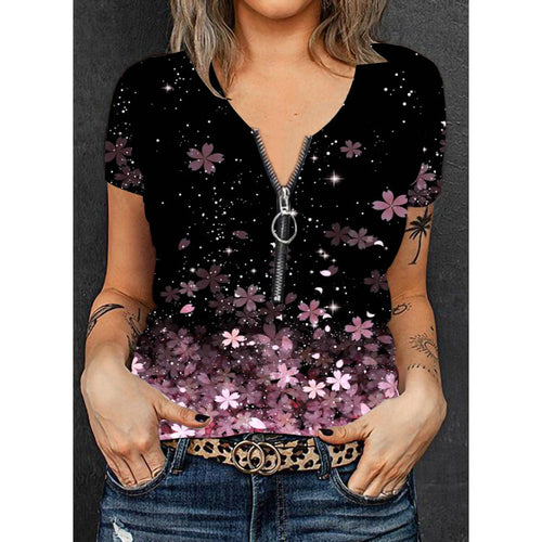 Damen Modisches T-Shirt mit Reißverschluss und floralem Design Drune