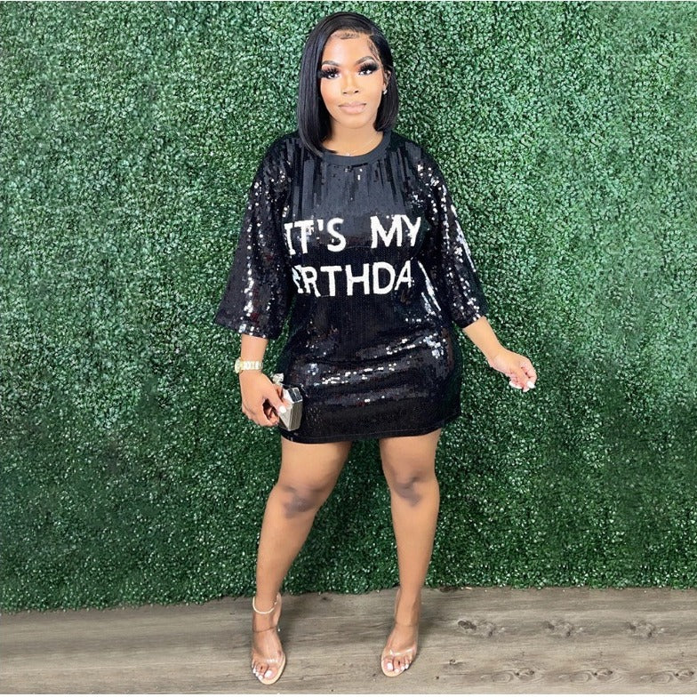 Damen Glitzerndes Partykleid mit kurzen Ärmeln und lässigem Schnitt Drune