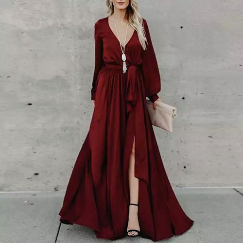 Damen Maxi-Kleid mit tiefem Schlitz und fließendem Stoff Drune