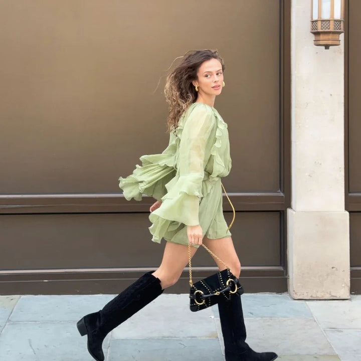 Damen fließendes Rüschenkleid mit langen Ärmeln und hohem Kragen Drune