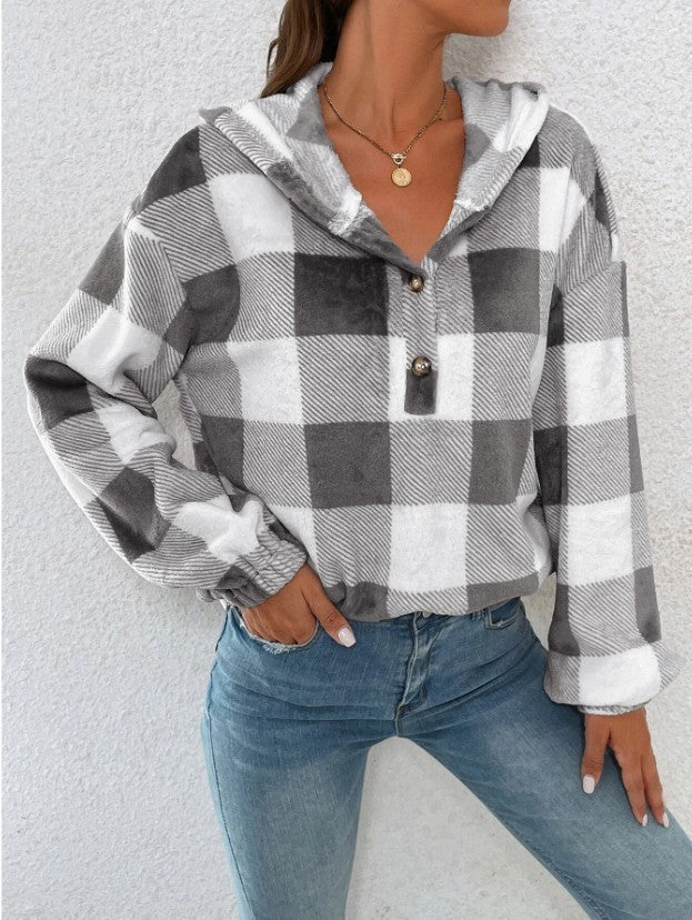 Damen Gemusterte Karo-Hoodie-Bluse Drune