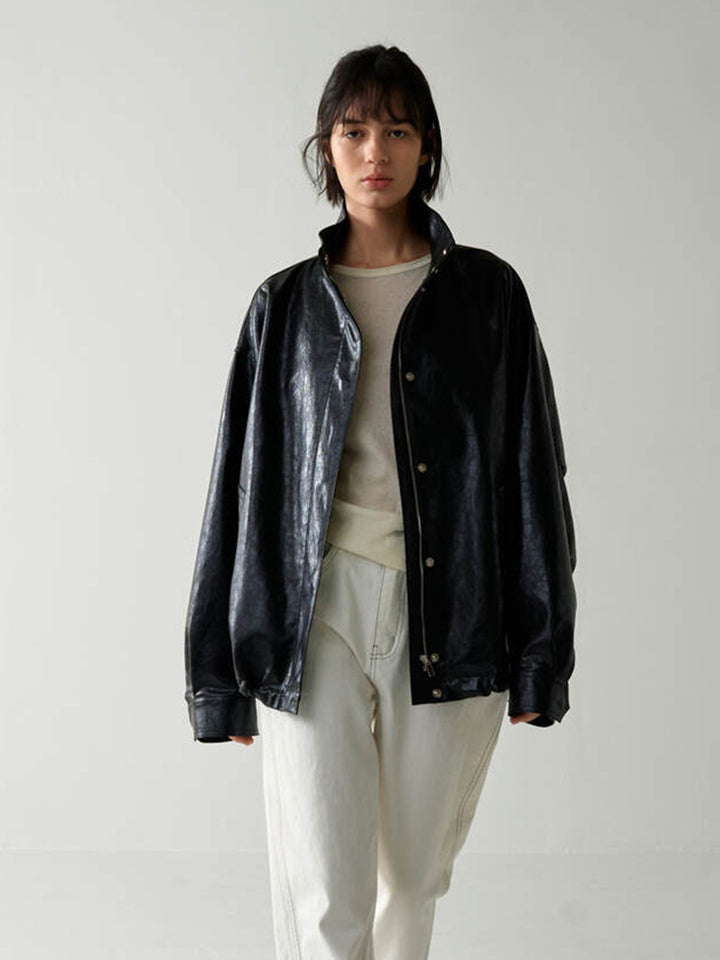 Damen modische Oversized-Lederjacke mit hohem Kragen und Druckknopfverschluss Drune