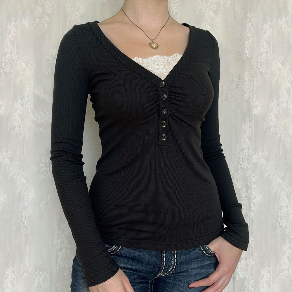 Damen Langarmshirt mit modischem V-Ausschnitt und knöpfbarem Design Drune