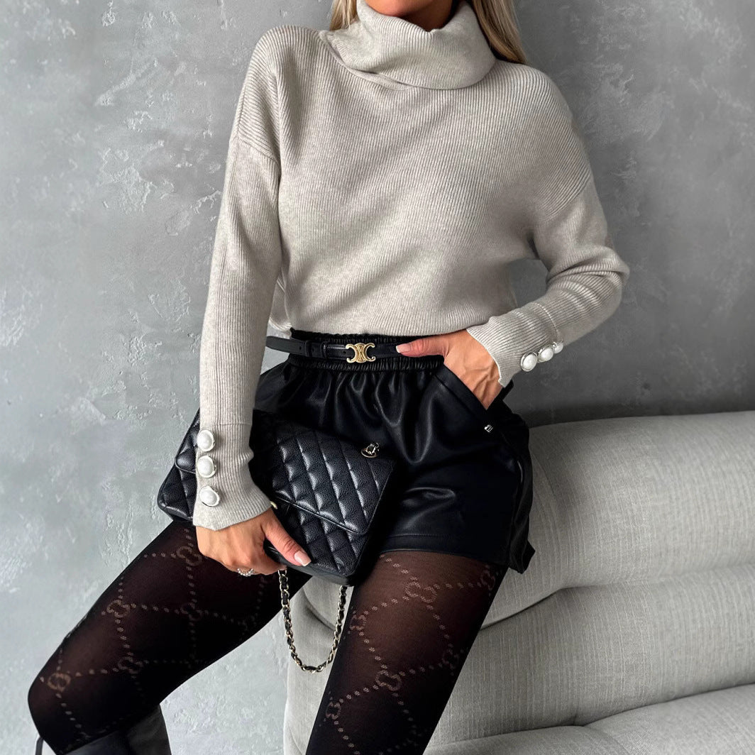 Damen Strickpullover mit hohem Kragen und dekorativen Knöpfen Drune