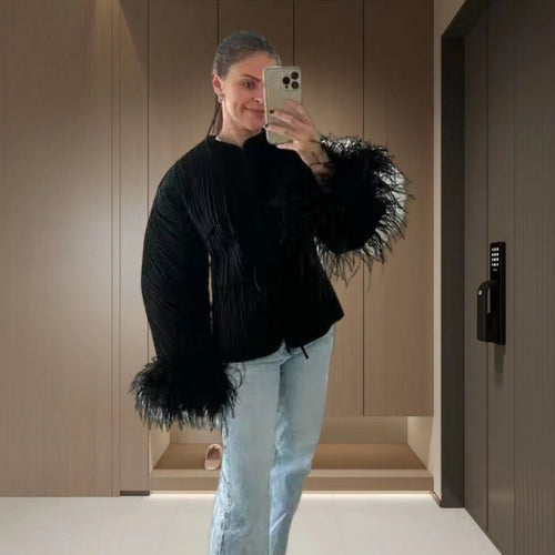 Damen Elegante Strickjacke mit voluminösen Ärmeln und feinem Muster Drune