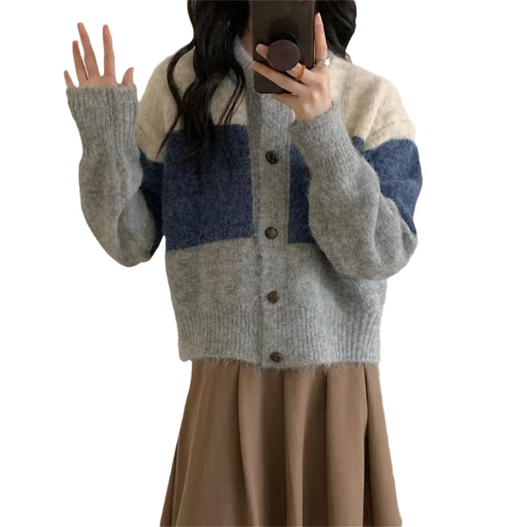 Damen Gemütlicher Strickcardigan mit Knopfverschluss und kontrastierenden Farbstreifen Drune