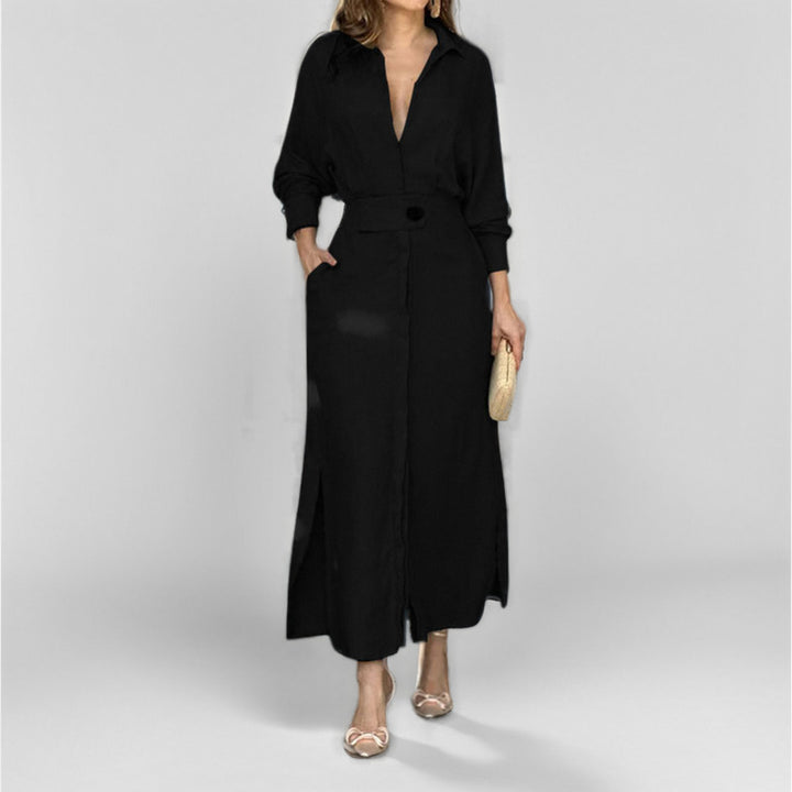Damen Hemdblusenkleid mit tiefem V-Ausschnitt und eleganter Knopfdetail Drune