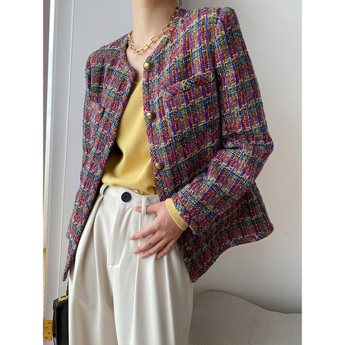 Damen Elegante Tweedjacke mit dekorativen Knöpfen Drune