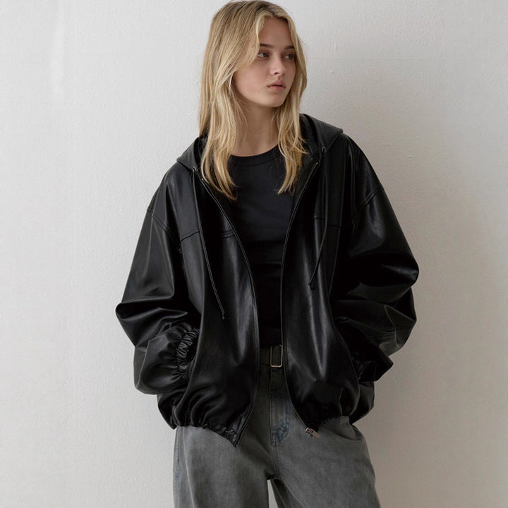 Damen Lässige Kunstlederjacke mit Kapuze Drune