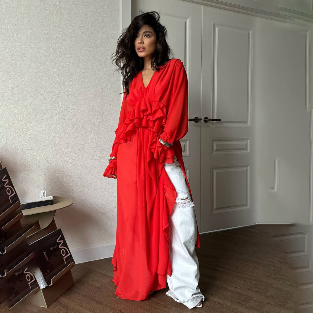 Damen Elegantes, fließendes Maxikleid mit weitem Schnitt und Rüschendetails Drune