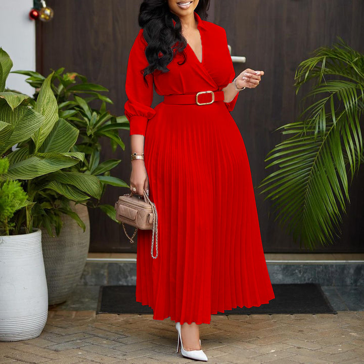 Damen Plissee Hemdkleid mit eleganter Taillierung und abnehmbarem Gürtel Drune