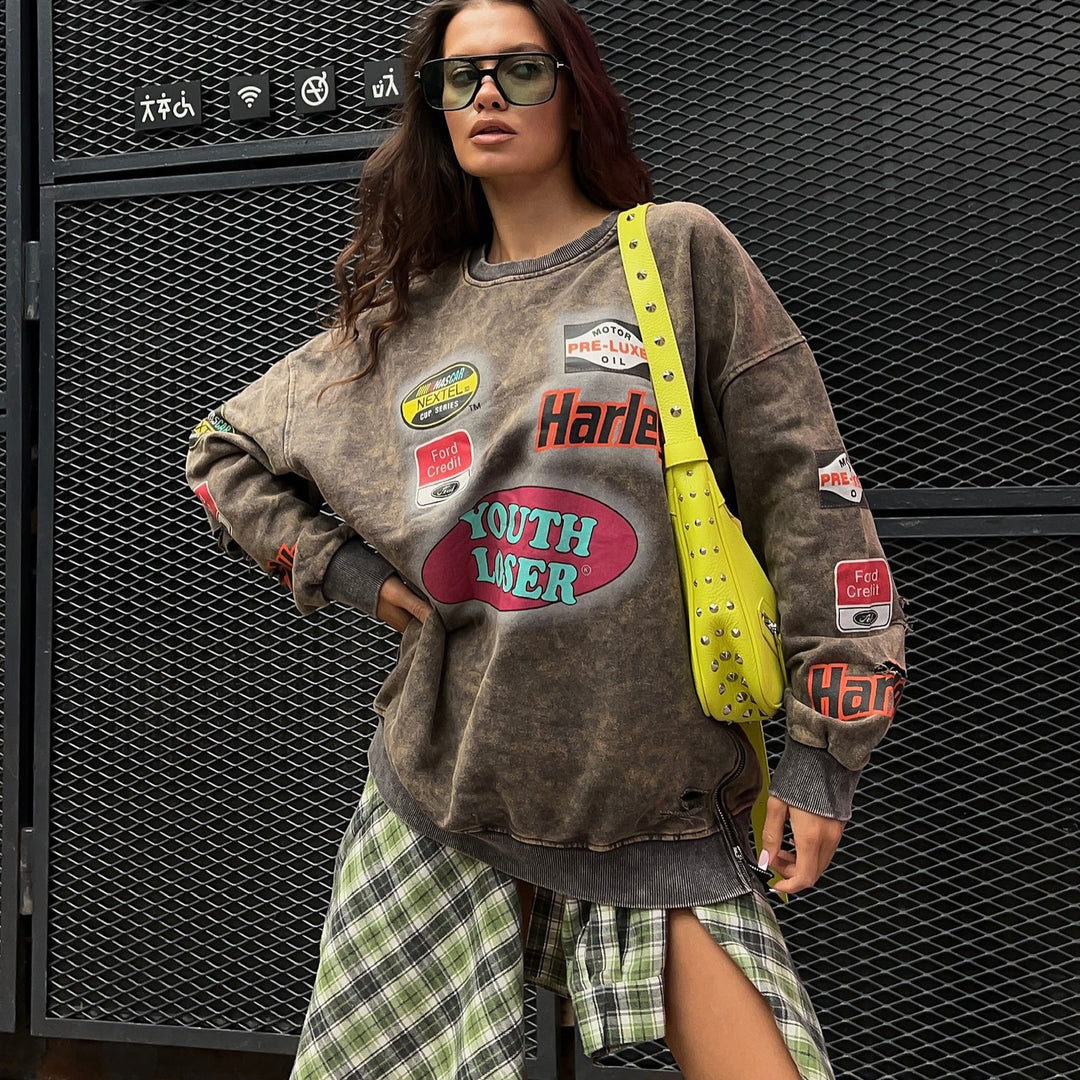 Damen oversized Sweatshirt mit kreativem Grafikdesign und modischen Details Drune