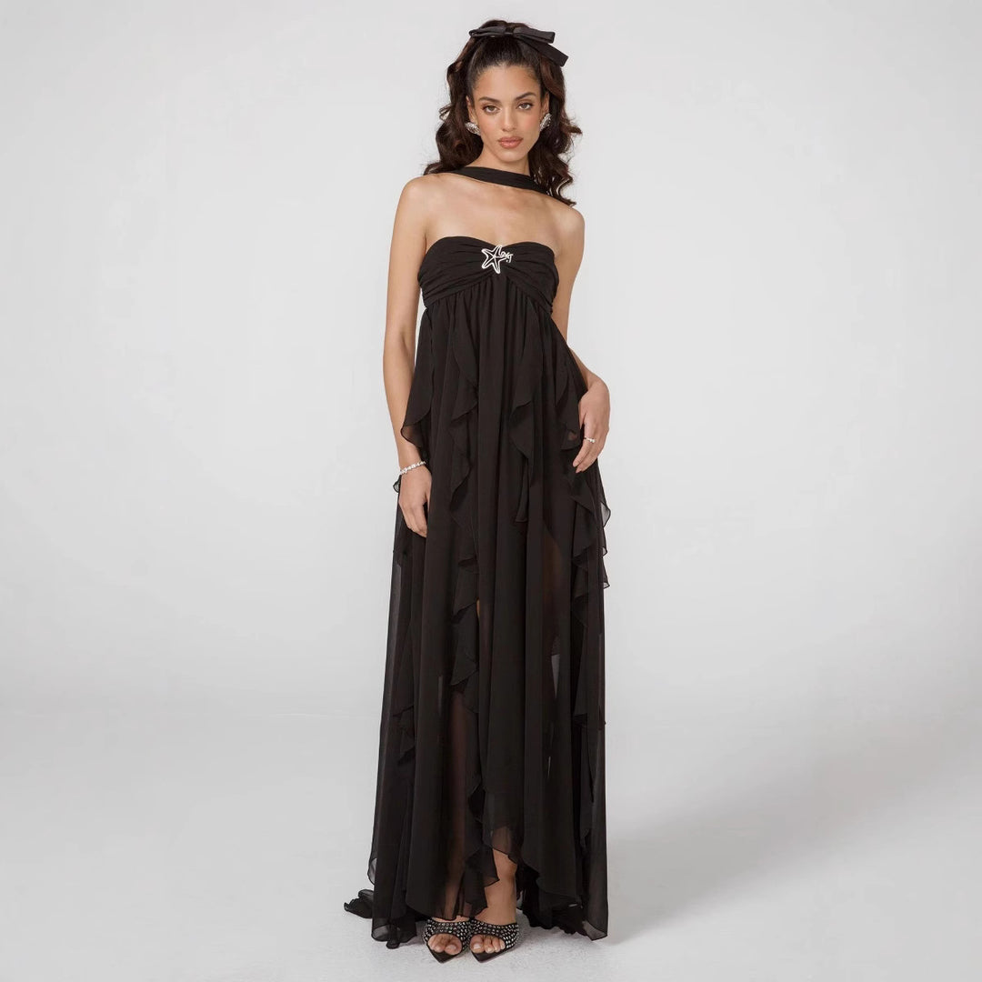 Damen Elegantes Maxi-Kleid mit asymmetrischem Saum und zarten Rüschendetails Drune