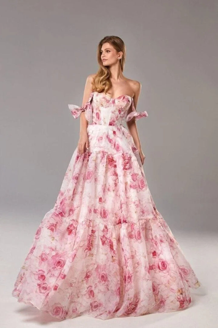 Damen Elegantes Maxikleid mit floralen Details und Rüschenträgern Drune