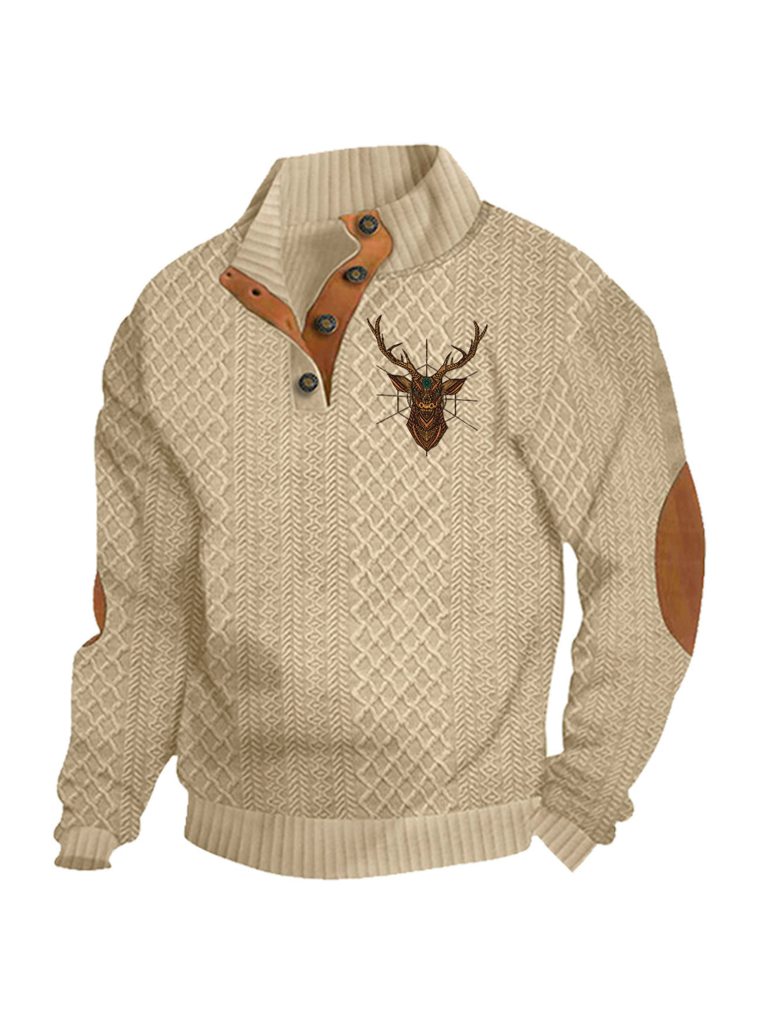 Herren nan Heritage-Strukturpullover mit Stehkragen Lederimitat-Besatz Ellenbogen-Patches und Halbknopfleiste Drune