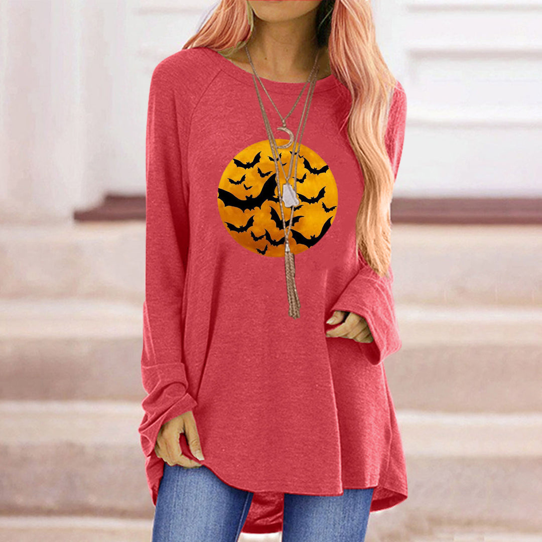 Damen Rundhalsshirt mit künstlerischem Halloween-Motiv und bequemer Passform Drune