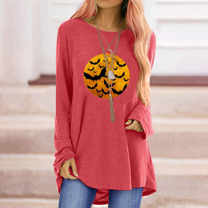 Damen Rundhalsshirt mit künstlerischem Halloween-Motiv und bequemer Passform Drune
