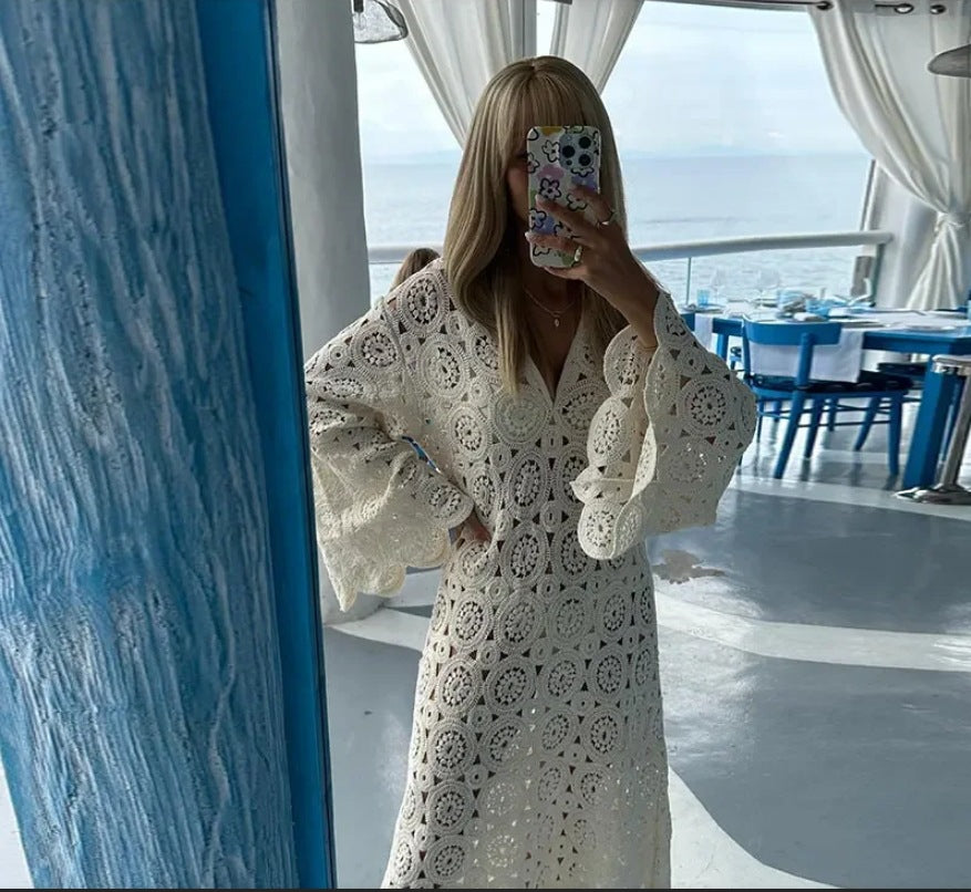 Damen Häkel-Strandkleid mit Volantärmeln und elegantem Schnitt Drune