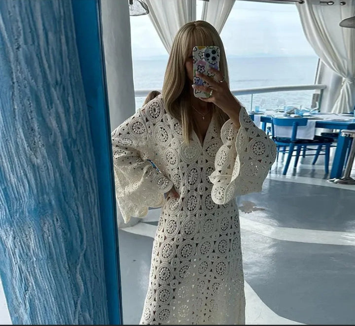 Damen Häkel-Strandkleid mit Volantärmeln und elegantem Schnitt Drune