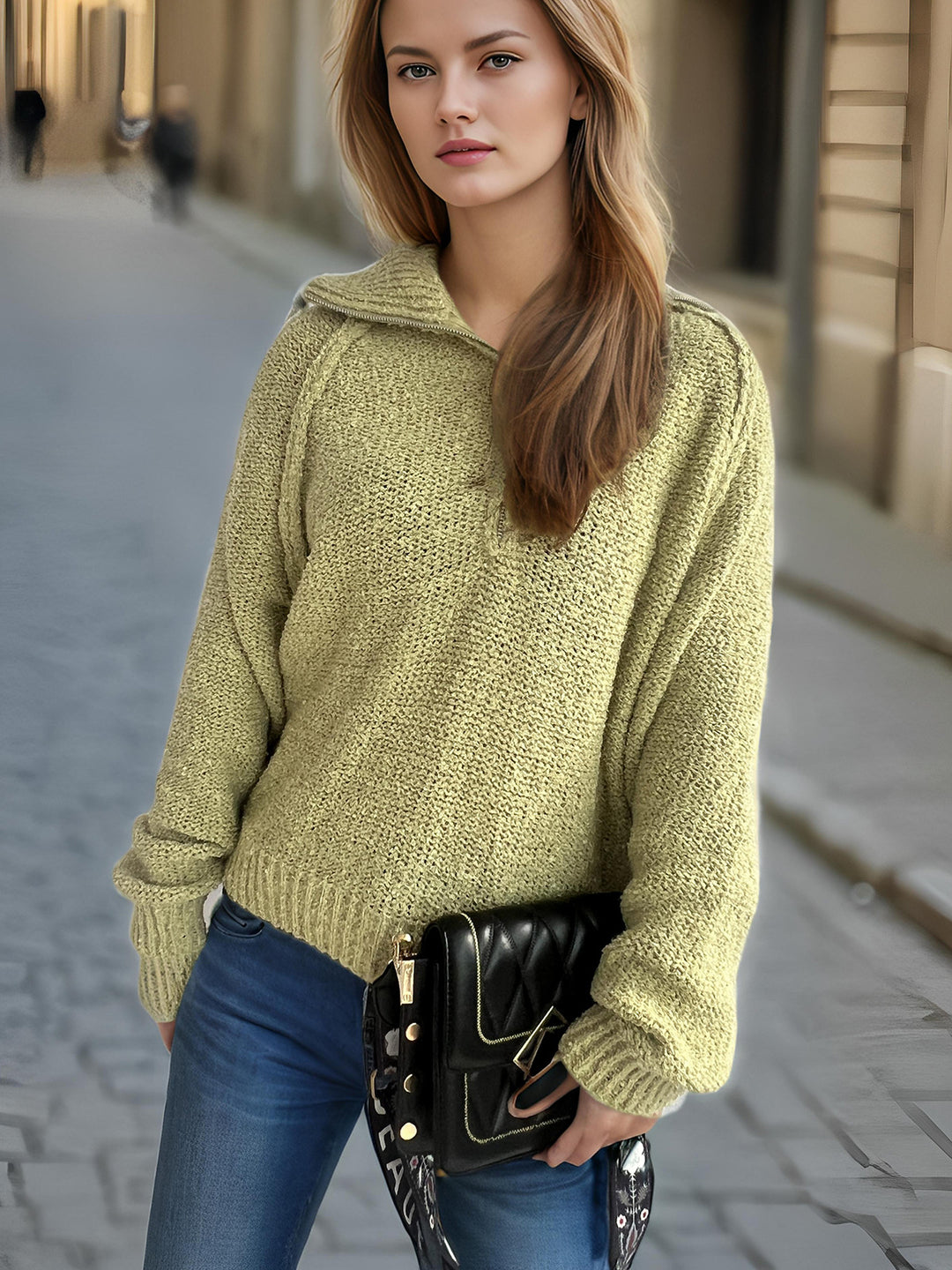 Damen gemütlicher Strickpullover mit hochschließendem Reißverschluss und oversized Ärmeln Drune