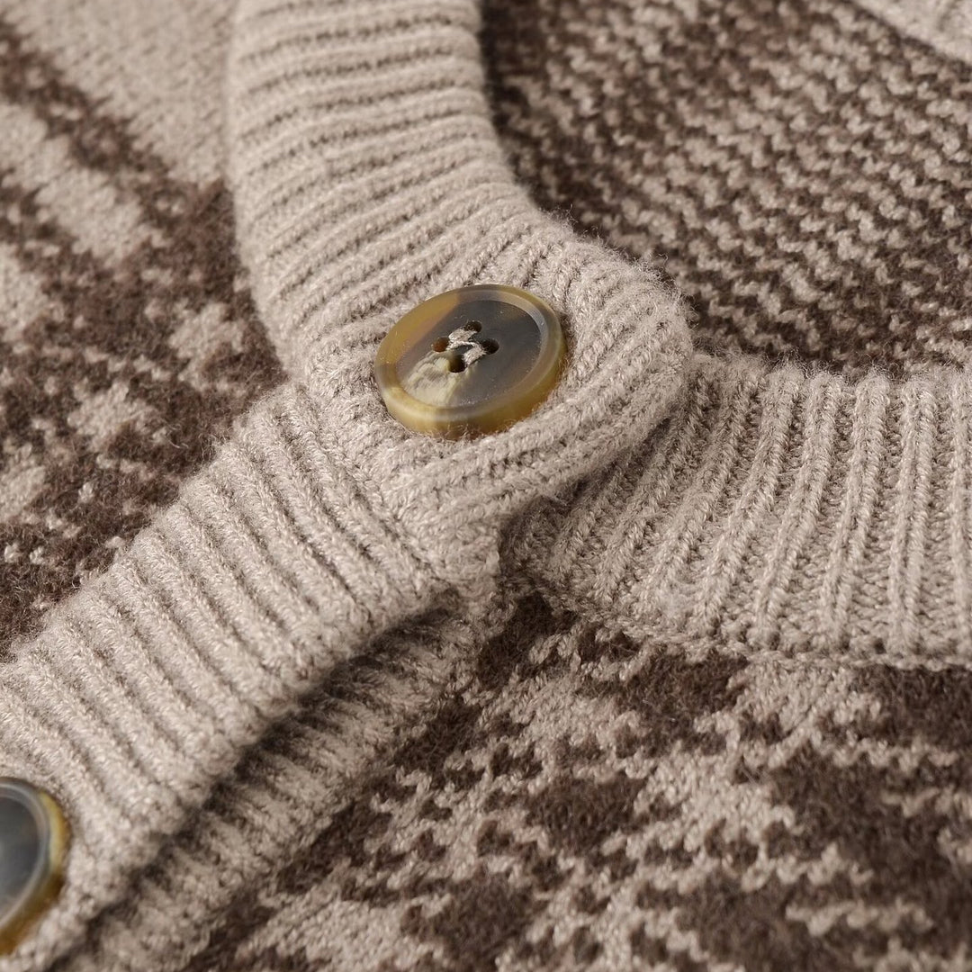 Damen Karierte Strickjacke mit Knopfleiste und Rundhalsausschnitt Drune