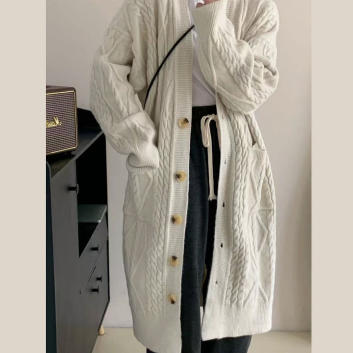 Damen Strickmantel mit Zopfmuster und Taschen Drune
