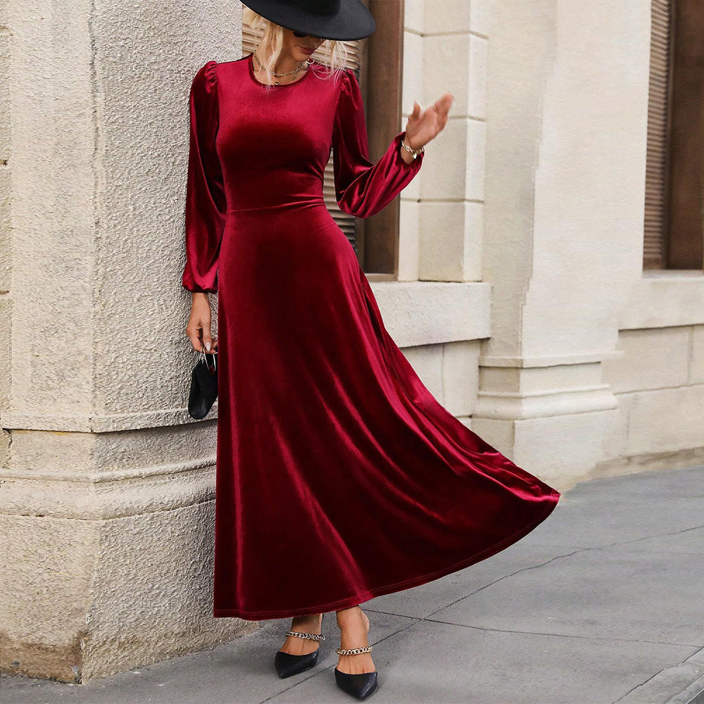 Damen Velour Abendkleid mit langen Ärmeln und schwingendem Rock Drune