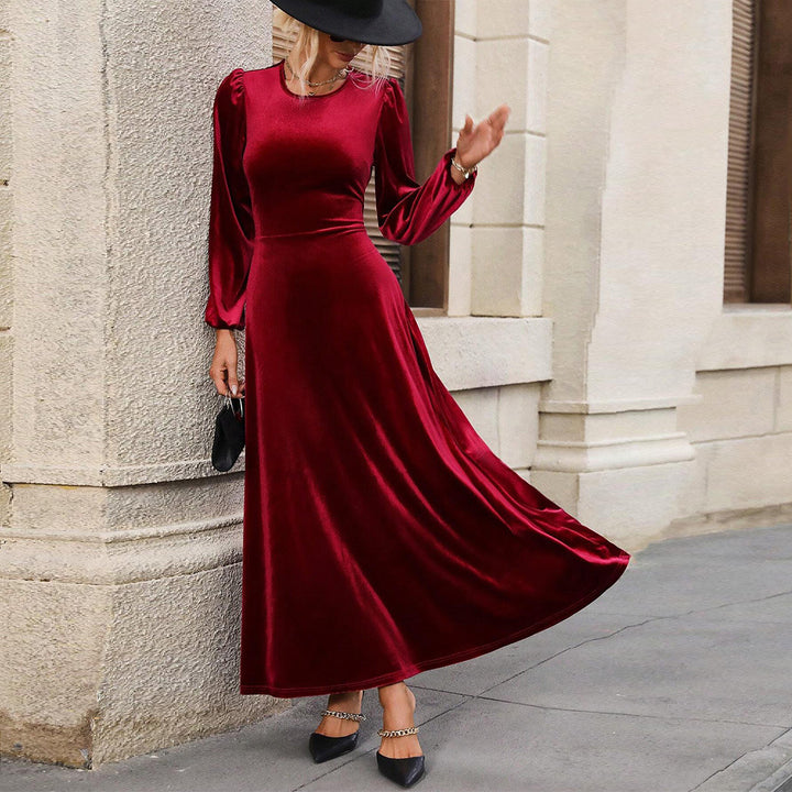Damen Velour Abendkleid mit langen Ärmeln und schwingendem Rock Drune