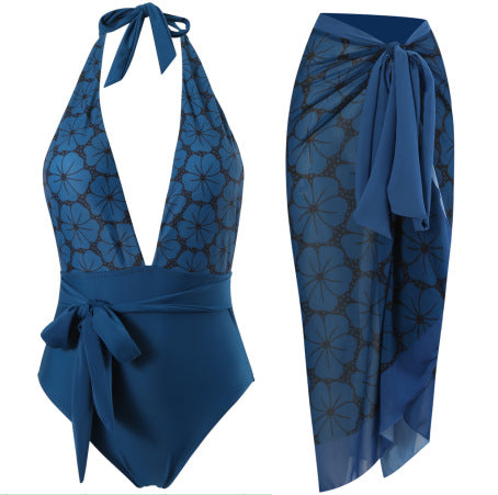 Damen eleganter Einteiler Badeanzug mit floralem Wickelrock Drune
