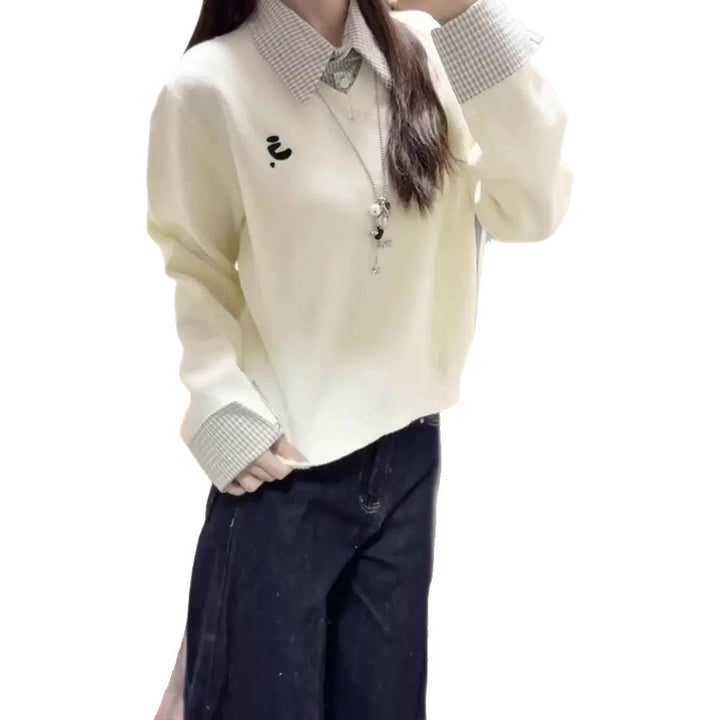 Damen kuscheliger Pullover mit abnehmbaren Kragen und Karo-Details Drune