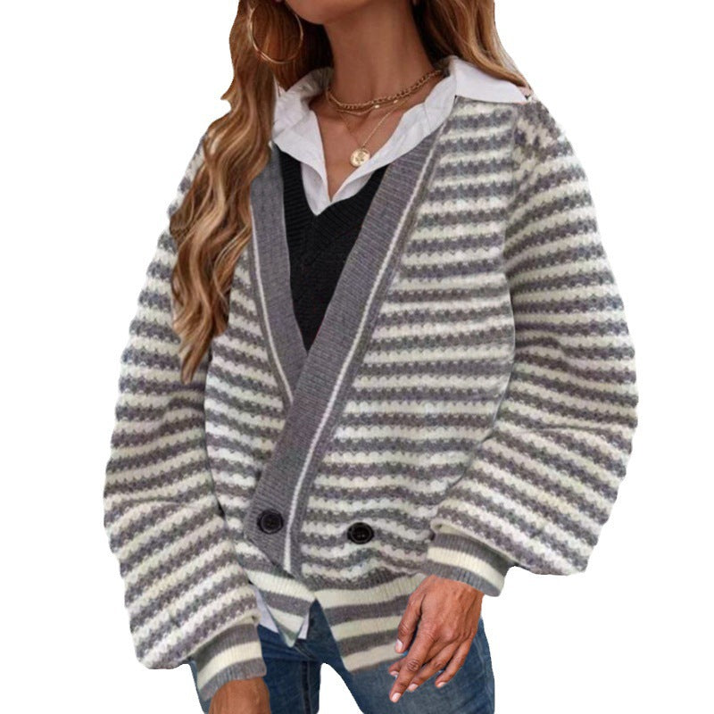 Damen Grobstrick Cardigan mit V-Ausschnitt und modernen Streifen Drune