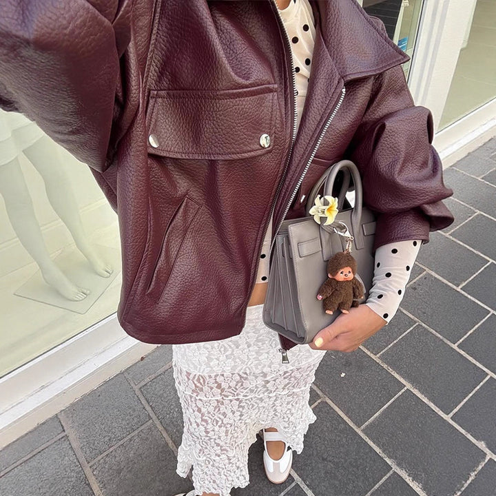 Damen lässige cropped Kunstlederjacke mit voluminösen Ärmeln Drune