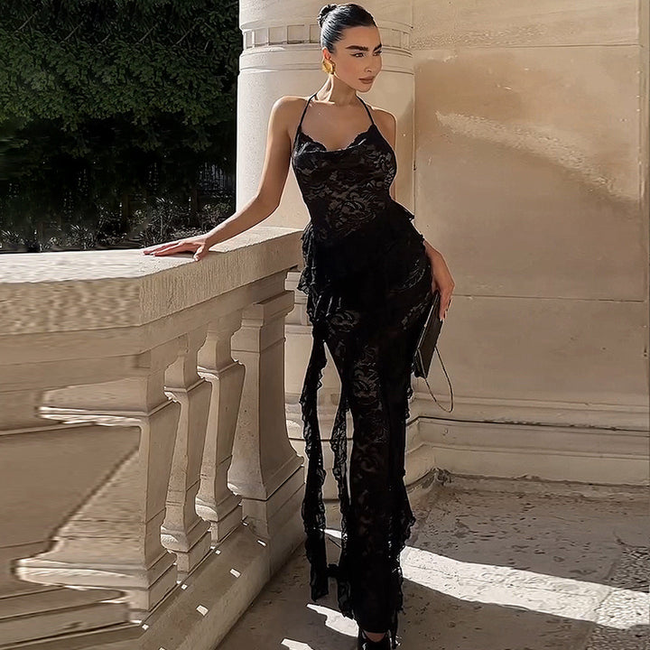 Damen Elegantes Abendkleid mit feiner Spitze und Rüschendetails Drune