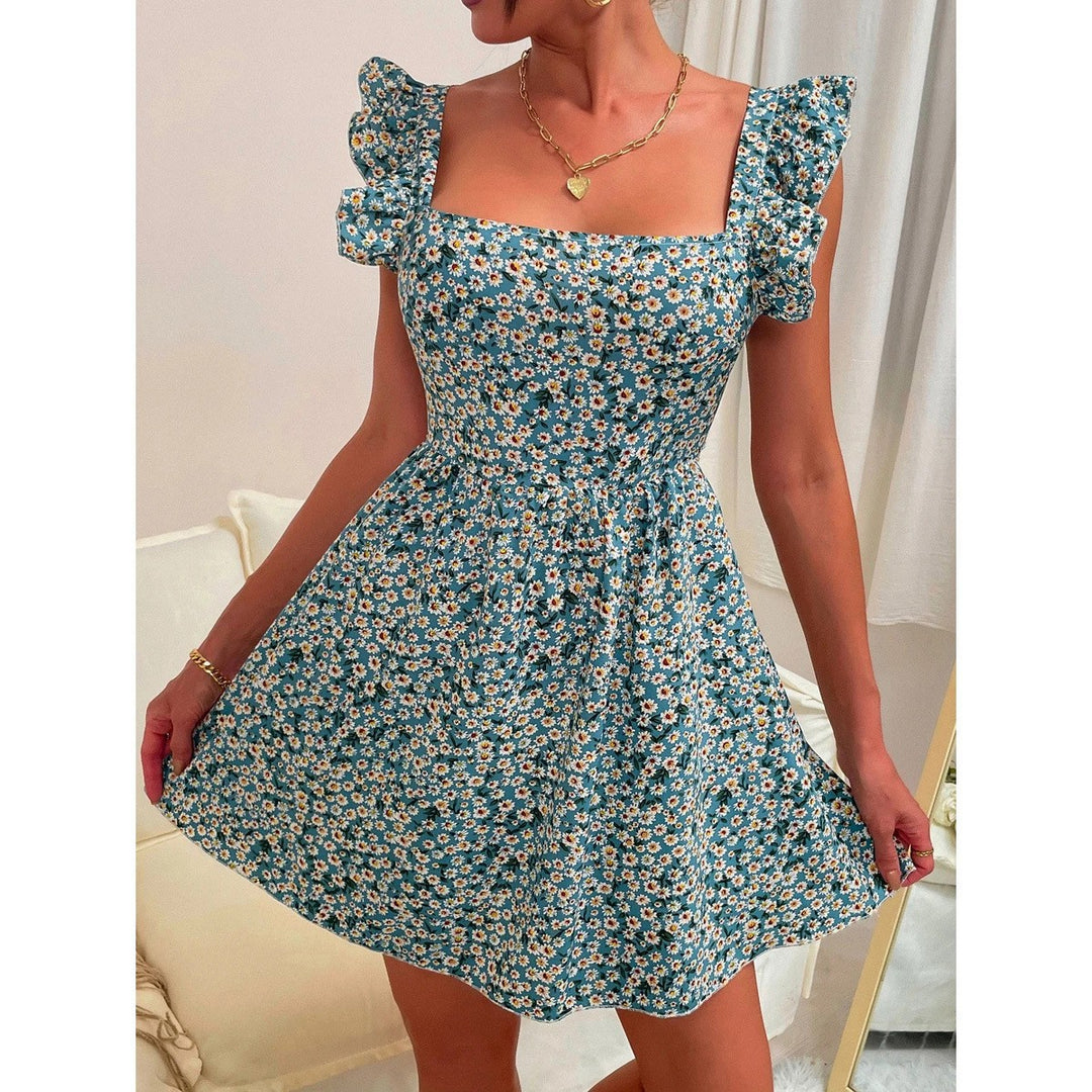 Damen Sommerliches Kleid mit Rüschendetails und Quadrat-Ausschnitt Drune
