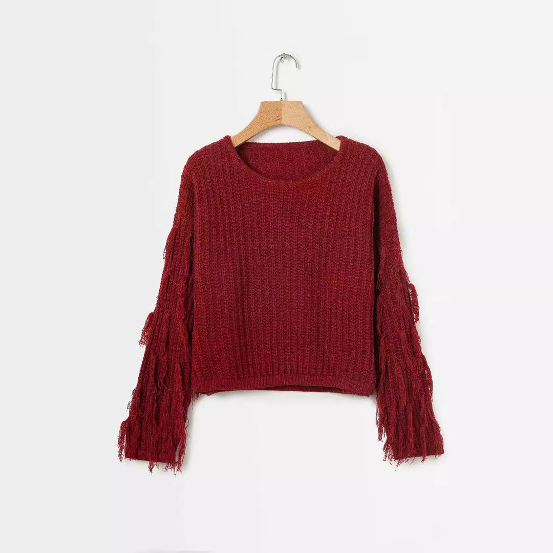 Damen Grobstrickpullover mit fransigen Ärmeln und gemütlichem Schnitt Drune