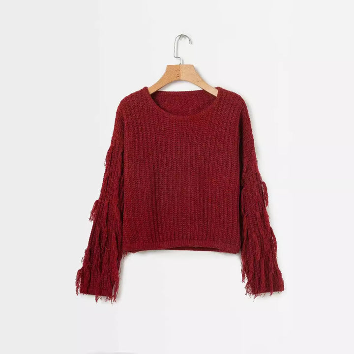 Damen Grobstrickpullover mit fransigen Ärmeln und gemütlichem Schnitt Drune