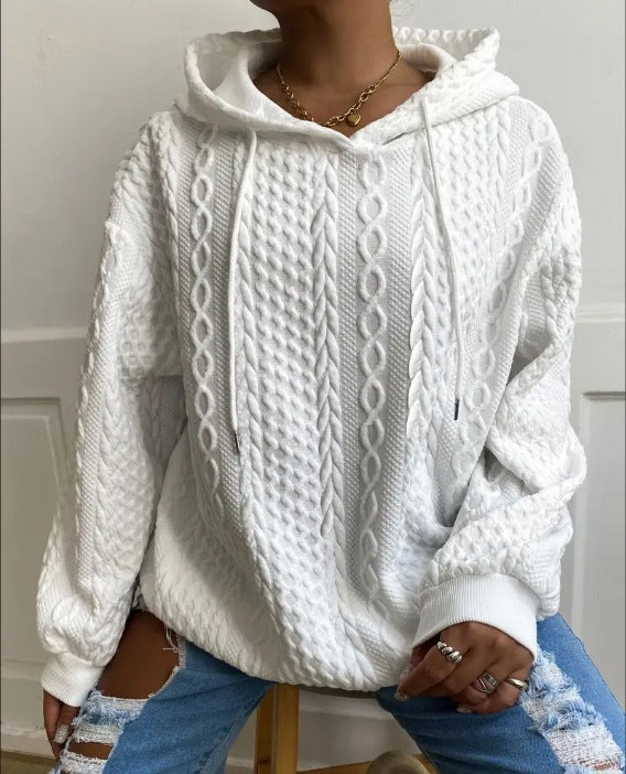 Damen Oversized Strickpullover mit kreativem Kabeleffekt und Kapuze Drune