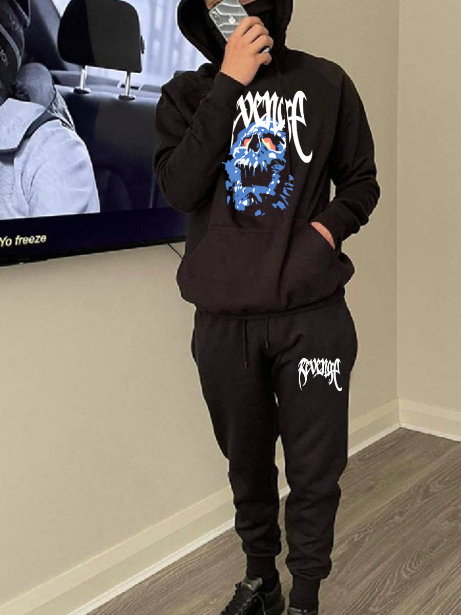 Herren Kapuzenpullover und Jogginghose Set mit künstlerischem Skull-Motiv Drune