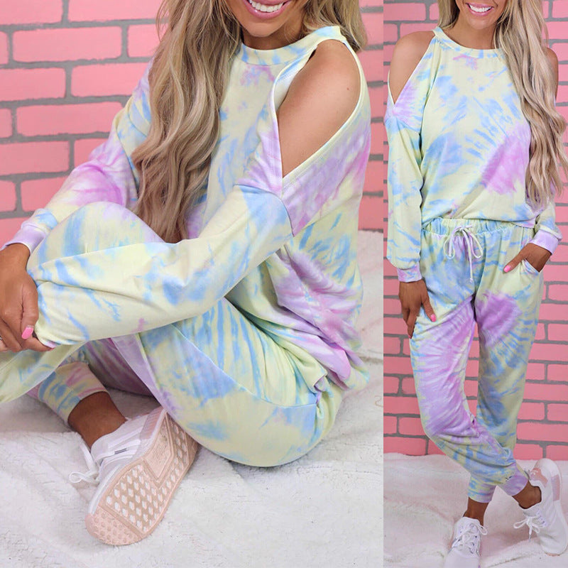 Damen Freizeit-Loungewear-Set mit lässigem Cut-Out-Design und buntem Tie-Dye-Muster Drune