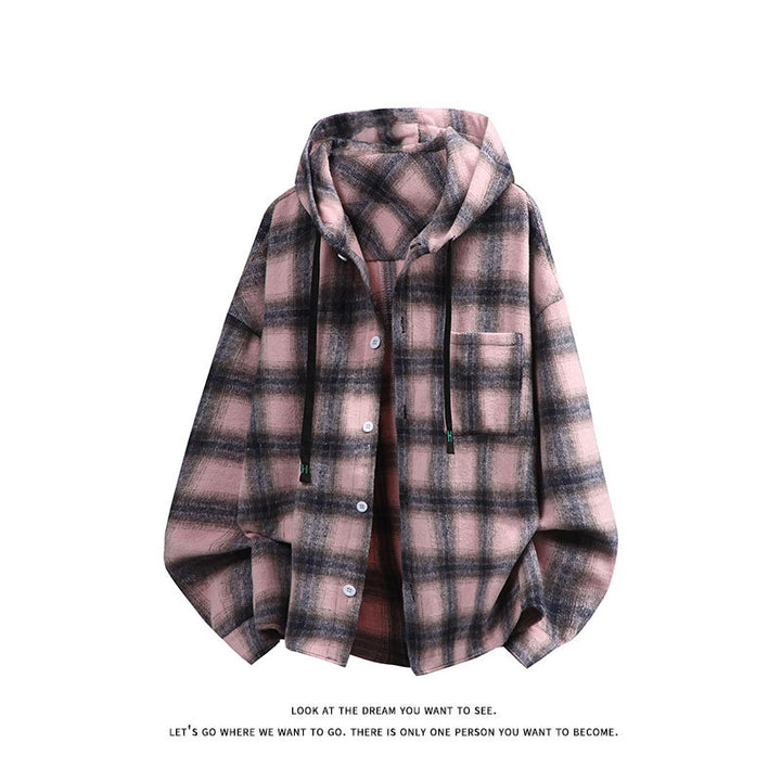 Unisex nan oversized Kapuzen-Hemdjacke aus Flanell mit Karomuster und Brusttasche Drune