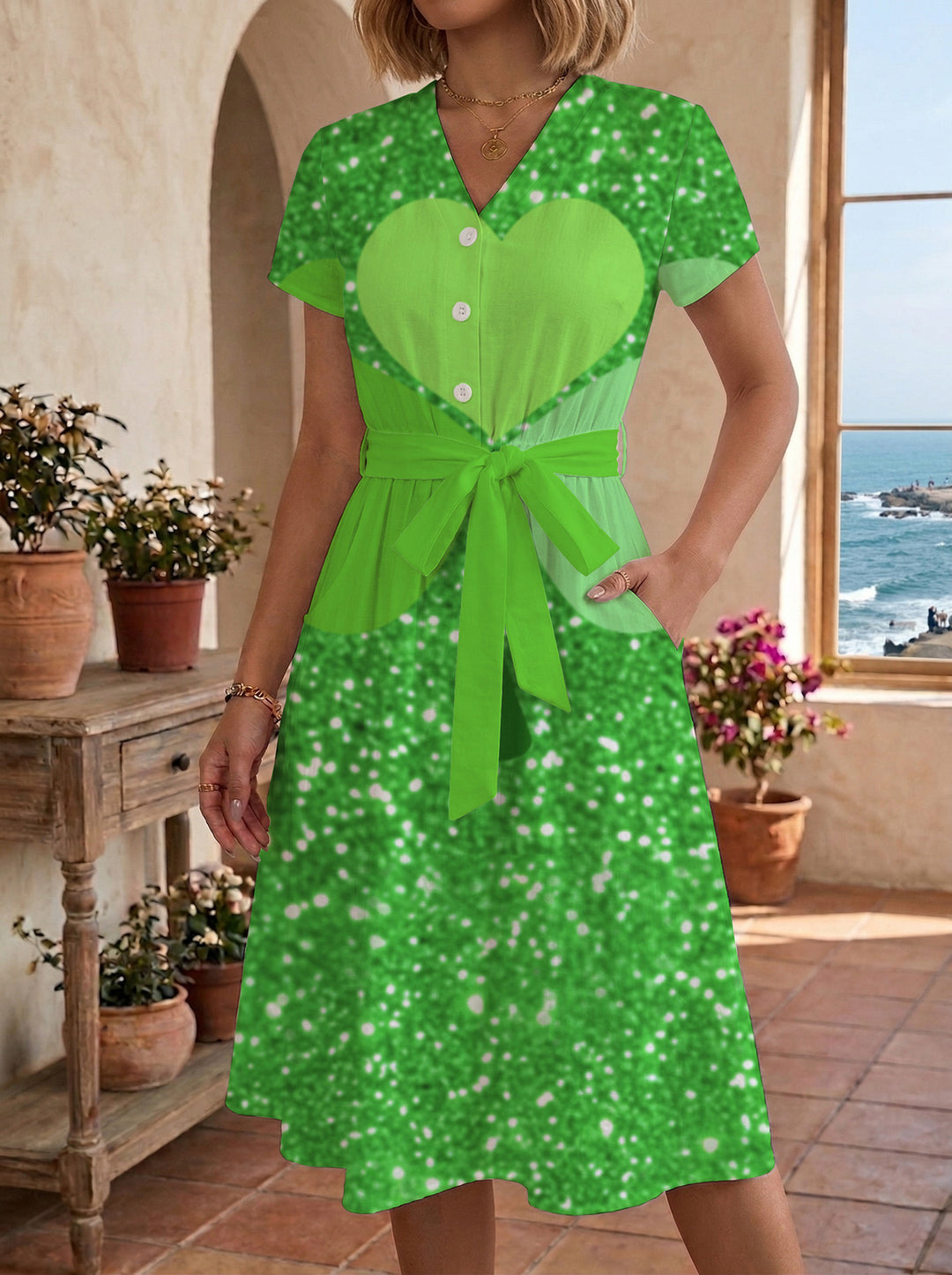 Damen Blühendes Midikleid mit taillierbarem Gürtel und kunstvollem Print Drune