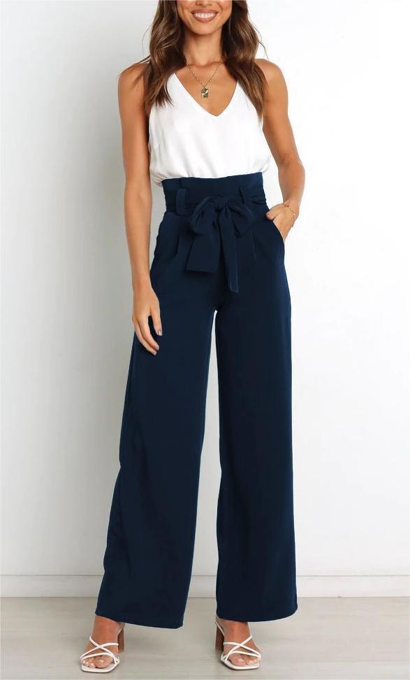 Damen Weite Stoffhose mit Bindegürtel und eleganten Taschen Drune